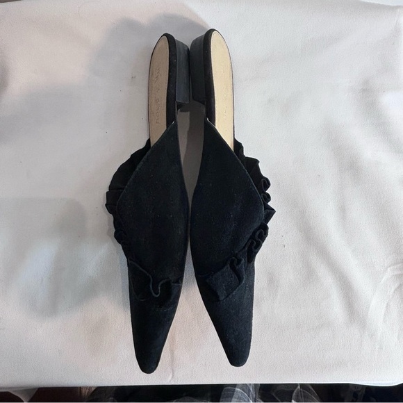 MONK & LOU Sz 39 Pointy Toe Mules Suede Leather Pointy Ruffles Slip On Slides - Picture 6 of 7